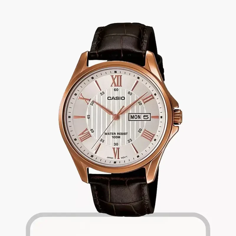 Casio Brown Leather Grey Dial Men's Watch- MTP-1384L-7AV